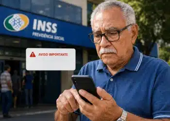 Idoso consultando aviso importante do INSS pelo celular em frente a prédio da Previdência Social, representando o bloqueio de pagamento para quem não atende à notificação.