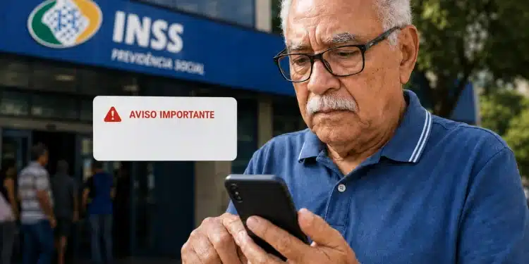 Idoso consultando aviso importante do INSS pelo celular em frente a prédio da Previdência Social, representando o bloqueio de pagamento para quem não atende à notificação.