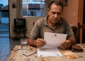 Homem idoso lê documento oficial com expressão preocupada à mesa da sala de casa