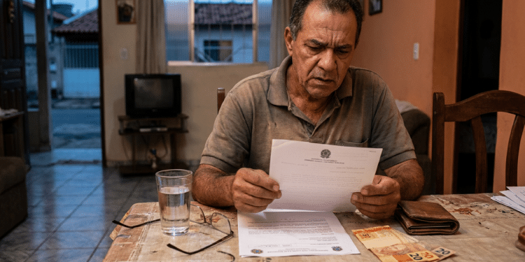 Homem idoso lê documento oficial com expressão preocupada à mesa da sala de casa