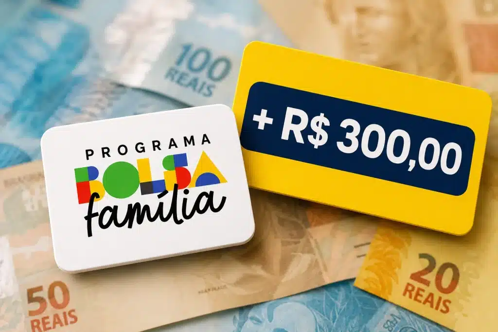 Bolsa Família com cartão de R$ 300 sobre notas de dinheiro