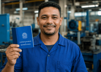 Trabalhador de uniforme azul sorri segurando a Carteira de Trabalho e Previdência Social dentro de uma fábrica