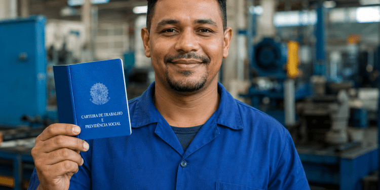 Trabalhador de uniforme azul sorri segurando a Carteira de Trabalho e Previdência Social dentro de uma fábrica