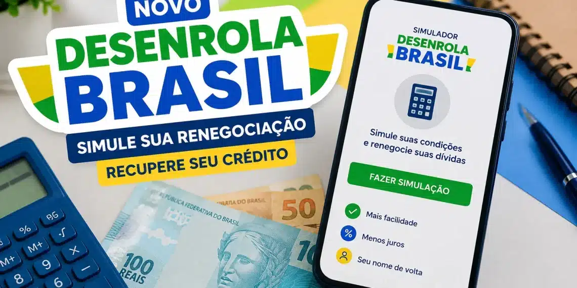 Celular com simulador do Desenrola Brasil, dinheiro e calculadora sobre a mesa, representando a ferramenta para simulação de renegociação de dívidas.