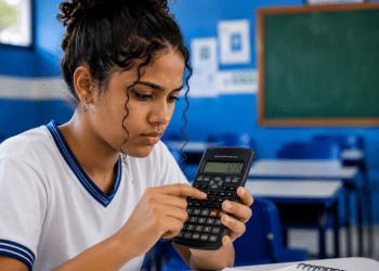 Jovem estudante com uniforme branco e azul concentrada usando calculadora científica em sala de aula com lousa verde.