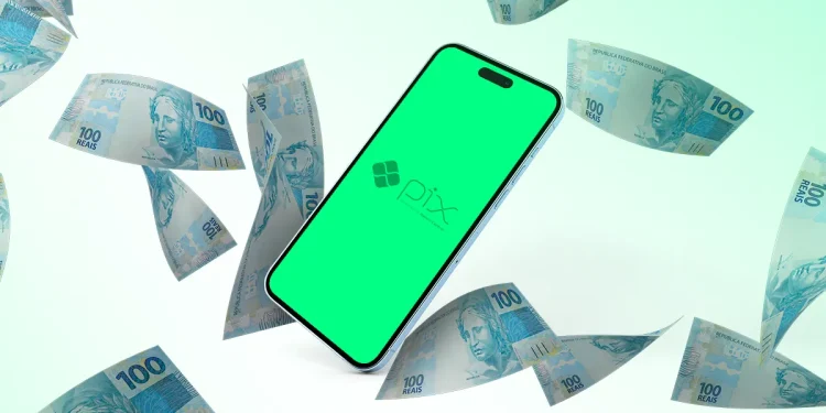 Celular com símbolo do Pix cercado por notas de dinheiro, simbolizando o pagamento de R$ 200 do Pé-de-Meia.