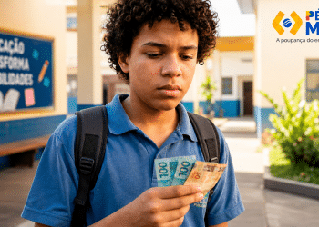 Estudante do Pé-de-Meia confere notas de R$ 100 e R$ 50 no pátio da escola, sem saber se receberá R$ 200 ou R$ 1.000 em 1º de junho