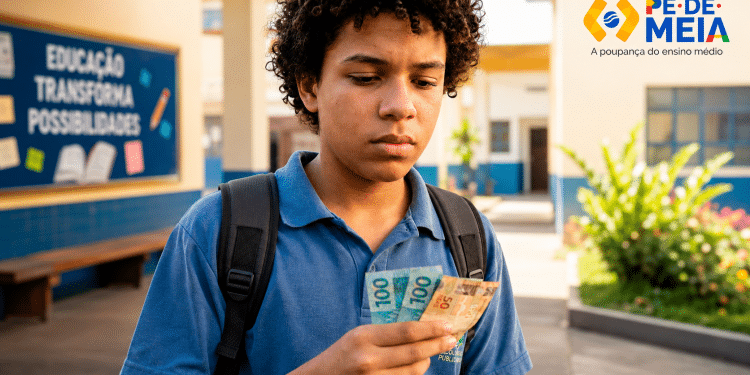 Estudante do Pé-de-Meia confere notas de R$ 100 e R$ 50 no pátio da escola, sem saber se receberá R$ 200 ou R$ 1.000 em 1º de junho