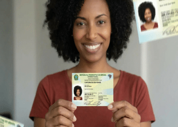 Mulher negra sorridente com cabelo crespo mostra a Carteira de Identidade Nacional emitida na Bahia, simbolizando a ação de emissão da Nova Carteira de Identidade em Salvador.