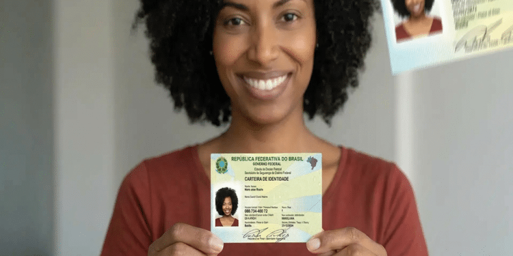 Mulher negra sorridente com cabelo crespo mostra a Carteira de Identidade Nacional emitida na Bahia, simbolizando a ação de emissão da Nova Carteira de Identidade em Salvador.