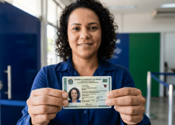 Cidadã exibe a nova Carteira de Identidade Nacional recém-emitida em unidade de atendimento
