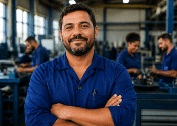Trabalhador de uniforme azul sorri de braços cruzados em uma fábrica, com colegas ao fundo