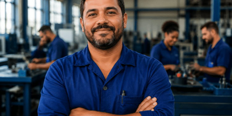 Trabalhador de uniforme azul sorri de braços cruzados em uma fábrica, com colegas ao fundo