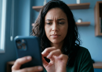 Mulher observa a tela do celular com expressão concentrada, sentada em ambiente interno