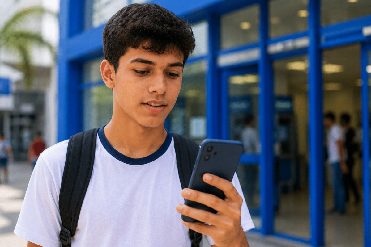 Estudante de uniforme olha o celular em frente a uma agência bancária