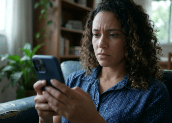 Mulher observa o celular com expressão preocupada, em referência à dúvida de ter sido bloqueada no WhatsApp.