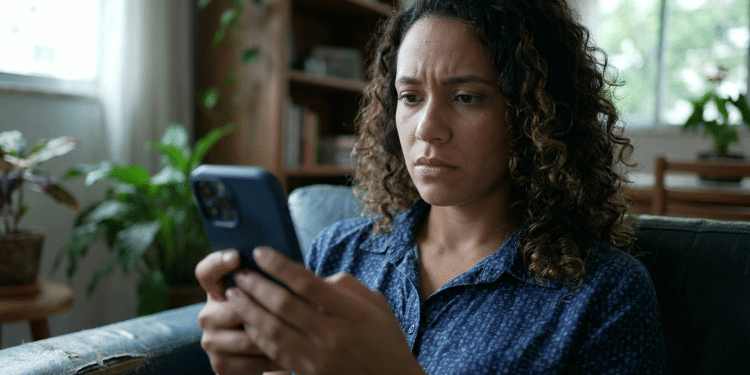 Mulher observa o celular com expressão preocupada, em referência à dúvida de ter sido bloqueada no WhatsApp.