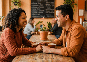 Casal conversa com tranquilidade em uma cafeteria, refletindo o equilíbrio e o diálogo de pessoas emocionalmente maduras.