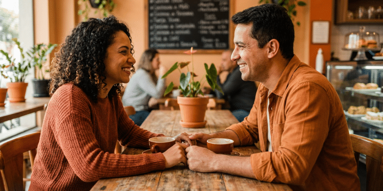 Casal conversa com tranquilidade em uma cafeteria, refletindo o equilíbrio e o diálogo de pessoas emocionalmente maduras.
