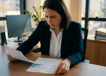 Mulher analisa documentos em escritório, representando os fatores que definem um bom salário no Brasil.