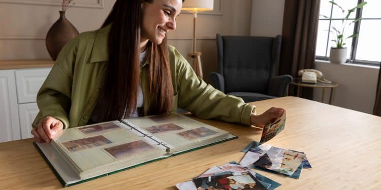 Jovem mulher sorridente sentada à mesa folheando álbum de fotografias antigas com expressão tranquila