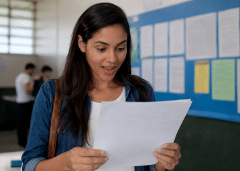 Jovem de cabelos longos escuros lê documento com expressão de surpresa em sala de aula com mural azul ao fundo.