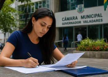 Mulher jovem com blusa azul-marinho preenche formulário em frente à Câmara Municipal de Governador Valadares.