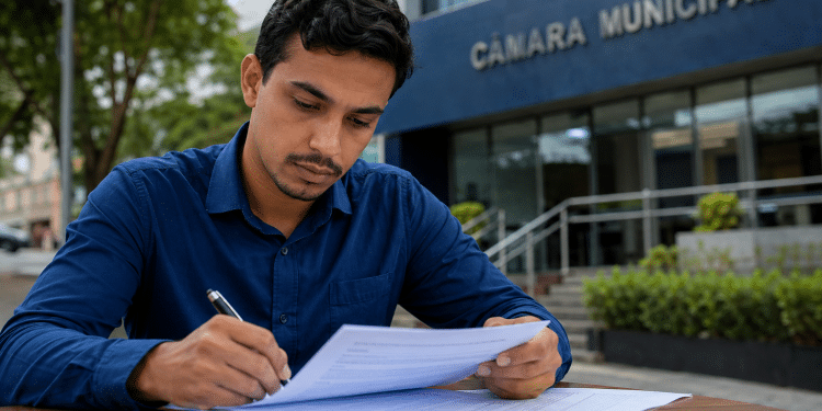 Homem de camisa azul marinho assina papéis em mesa de madeira diante do prédio da Câmara Municipal.