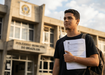 Rapaz de camiseta preta com mochila marrom segura formulários diante de prédio com brasões oficiais e bandeiras.