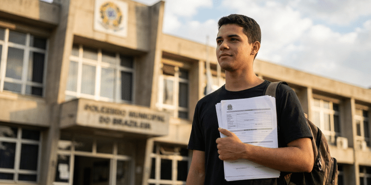 Rapaz de camiseta preta com mochila marrom segura formulários diante de prédio com brasões oficiais e bandeiras.