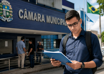Jovem de óculos e camisa azul-escura lê pasta de documentos em frente à Câmara Municipal com bandeiras do Brasil ao fundo.
