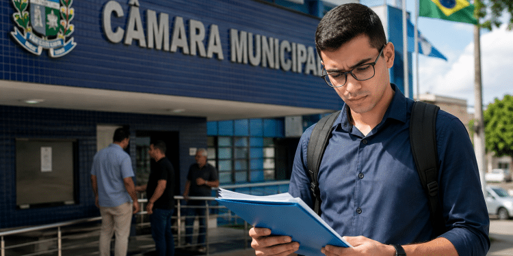 Jovem de óculos e camisa azul-escura lê pasta de documentos em frente à Câmara Municipal com bandeiras do Brasil ao fundo.