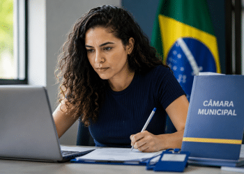 Mulher de cabelos cacheados escrevendo documento com caneta, laptop aberto, placa Câmara Municipal e bandeira do Brasil ao fundo.