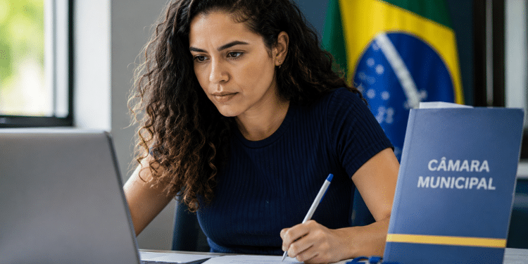 Mulher de cabelos cacheados escrevendo documento com caneta, laptop aberto, placa Câmara Municipal e bandeira do Brasil ao fundo.