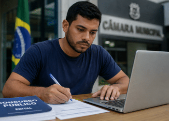 A Câmara Municipal de Tietê, em São Paulo, divulgou uma retificação do Concurso Público destinado a preencher 1 vaga para um profissional com curso superior completo em Direito, Gestão Pública, Administração, Ciências Contábeis ou Economia. Conforme a 1ª Retificação do edital, houve alteração no conteúdo programático de conhecimentos específicos. De acordo com o edital, a oportunidade é para o cargo de: Analista de Compras e Licitações (1 vaga) A jornada é de 30 horas semanais e a remuneração é de R$ 6.027,86. Os servidores também receberão auxílio-alimentação no valor de R$ 1.100,00, seguro de vida, plano de assistência médico-hospitalar e auxílio-transporte. As inscrições estão abertas de 27 de abril de 2026 a 26 de maio de 2026, até as 23h59, exclusivamente pelo site portal.cepasf.com.br. A taxa é de R$ 90,00. Candidatos inscritos no CadÚnico podem solicitar isenção da taxa de 27 de abril de 2026 a 2 de maio de 2026. A seleção será realizada por prova objetiva de múltipla escolha, com 50 questões, prevista para o dia 21 de junho de 2026, no período matutino. A contratação será pelo regime estatutário. O servidor cumprirá estágio probatório de 36 meses e estará sujeito ao Regime Geral da Previdência Social. Jovem de camiseta azul preenche formulário com caneta enquanto consulta laptop diante de edital de concurso público.