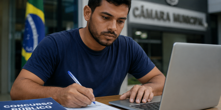 A Câmara Municipal de Tietê, em São Paulo, divulgou uma retificação do Concurso Público destinado a preencher 1 vaga para um profissional com curso superior completo em Direito, Gestão Pública, Administração, Ciências Contábeis ou Economia. Conforme a 1ª Retificação do edital, houve alteração no conteúdo programático de conhecimentos específicos. De acordo com o edital, a oportunidade é para o cargo de: Analista de Compras e Licitações (1 vaga) A jornada é de 30 horas semanais e a remuneração é de R$ 6.027,86. Os servidores também receberão auxílio-alimentação no valor de R$ 1.100,00, seguro de vida, plano de assistência médico-hospitalar e auxílio-transporte. As inscrições estão abertas de 27 de abril de 2026 a 26 de maio de 2026, até as 23h59, exclusivamente pelo site portal.cepasf.com.br. A taxa é de R$ 90,00. Candidatos inscritos no CadÚnico podem solicitar isenção da taxa de 27 de abril de 2026 a 2 de maio de 2026. A seleção será realizada por prova objetiva de múltipla escolha, com 50 questões, prevista para o dia 21 de junho de 2026, no período matutino. A contratação será pelo regime estatutário. O servidor cumprirá estágio probatório de 36 meses e estará sujeito ao Regime Geral da Previdência Social. Jovem de camiseta azul preenche formulário com caneta enquanto consulta laptop diante de edital de concurso público.