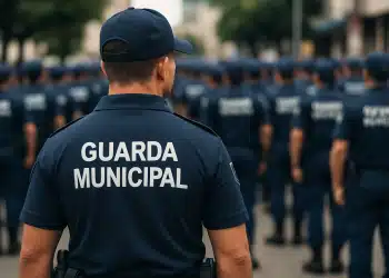 Agentes da Guarda Municipal em uniforme azul marinho durante formação, com destaque para guarda de costas usando boné