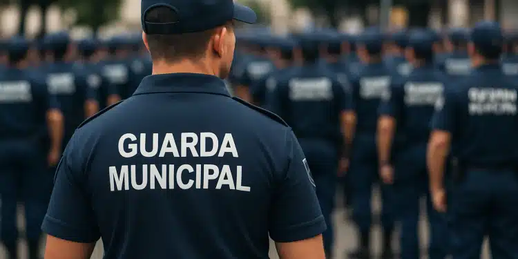 Agentes da Guarda Municipal em uniforme azul marinho durante formação, com destaque para guarda de costas usando boné