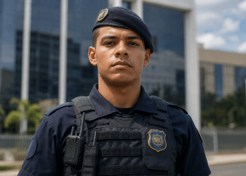 Agente da Guarda Municipal com uniforme azul-marinho, boina com brasão, colete tático e rádio comunicador.