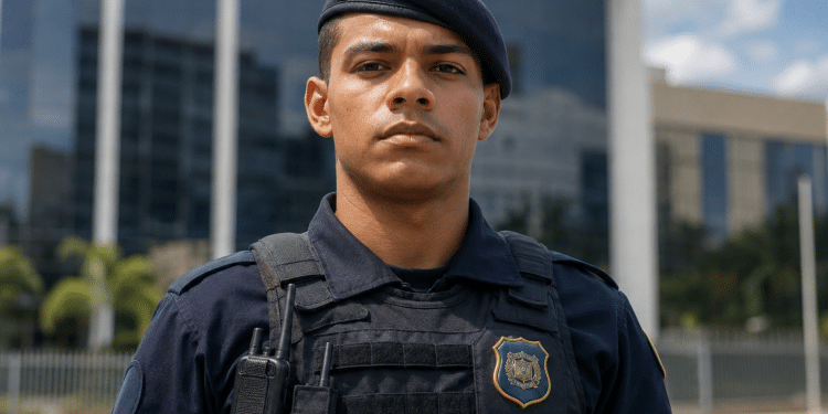 Agente da Guarda Municipal com uniforme azul-marinho, boina com brasão, colete tático e rádio comunicador.