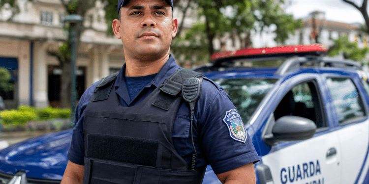 Guarda Municipal de uniforme azul marinho com colete balístico e rádio comunicador, diante de viatura oficial.