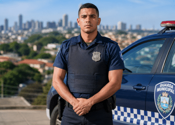Agente da Guarda Municipal de uniforme azul-marinho com colete balístico ao lado de viatura com brasão da corporação.