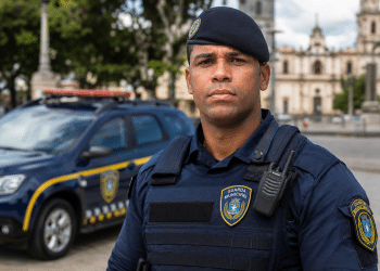Agente da Guarda Municipal com uniforme azul e colete, rádio comunicador, em frente a viatura e igreja colonial.