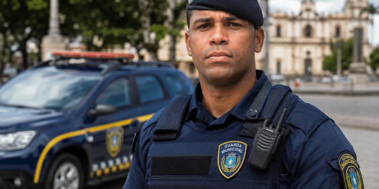 Agente da Guarda Municipal com uniforme azul e colete, rádio comunicador, em frente a viatura e igreja colonial.