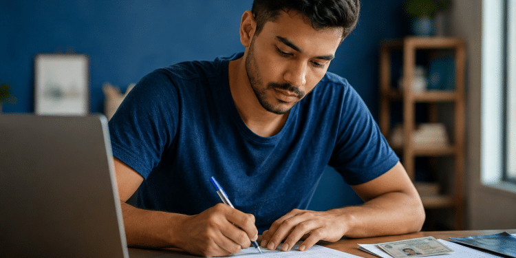Homem de camiseta azul preenche documento com caneta em mesa com laptop e carteira de identidade ao lado.