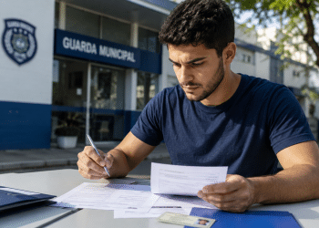 Jovem de camiseta azul marinho preenche formulários com caneta em frente ao prédio da Guarda Municipal.