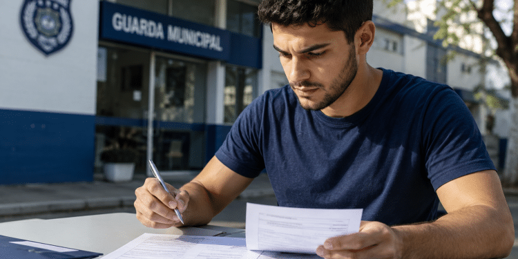 Jovem de camiseta azul marinho preenche formulários com caneta em frente ao prédio da Guarda Municipal.