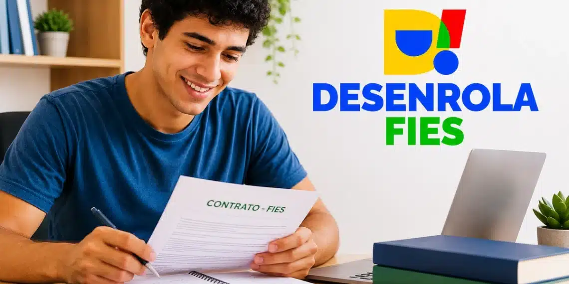 Estudante consultando contrato do Fies, representando a renegociação pelo Desenrola Fies.