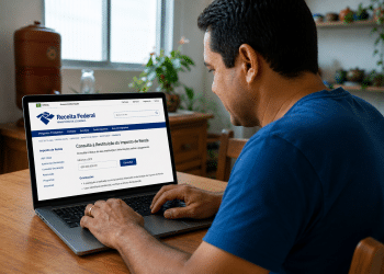 Homem usa notebook para acessar a página de consulta à restituição do Imposto de Renda no portal da Receita Federal