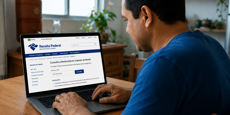 Homem usa notebook para acessar a página de consulta à restituição do Imposto de Renda no portal da Receita Federal